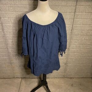 Valentina Naldi Blue Off Shoulder Embroidered TieCuffs Peasant Blouse‎ Size 2X